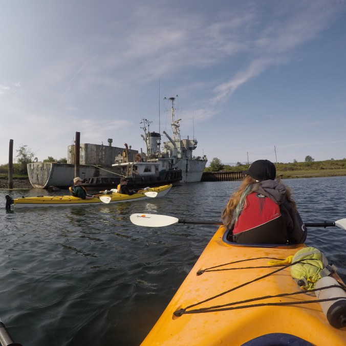 A group of girl guides kayak to a beached ship in Sooke Basin on Vancouver Island, BC