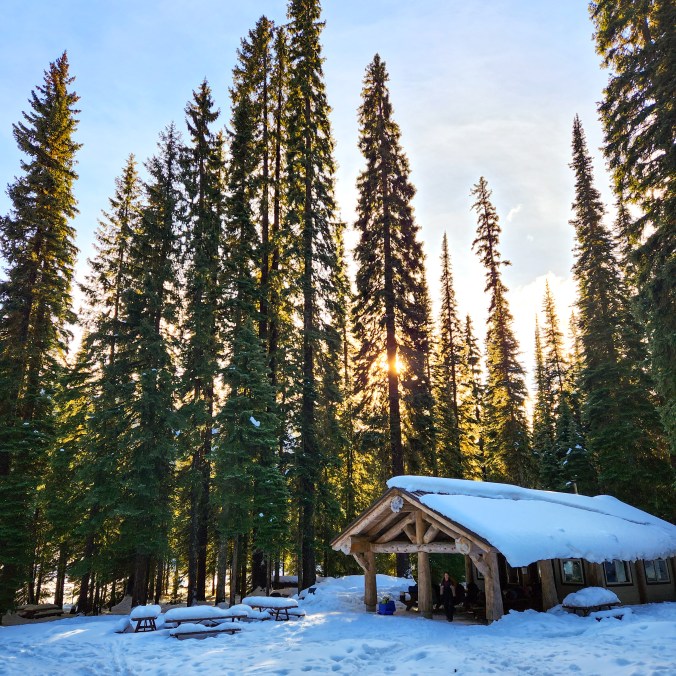 A small log cabin at Lone Duck II Campground covered in a fresh layer of snow on the ground and cabin, with tall trees with the sun peaking out behind the trees, in E.C. Manning Provincial Park in British Columbia, Canada.
