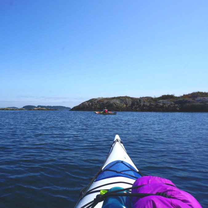 Two kayakers paddle on the Pacific Ocean in the Gulf Islands Marine Reserve National Park between Run Island and Sidney Spit on a sunny day with bright blue sky.