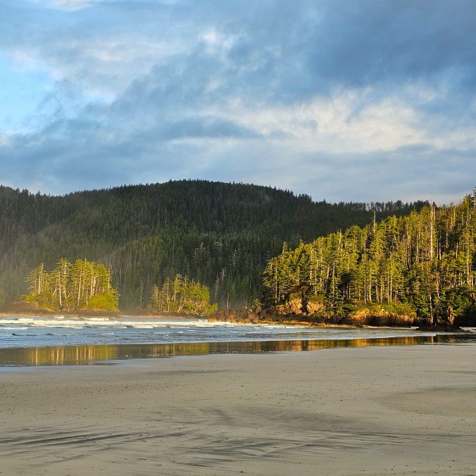 A photo of San Josef Bay on a cloudy, moody day, with the forest lit by the sun and the waves crashing onto the sand in Cape Scott Provincial Park on Vancouver Island, BC.